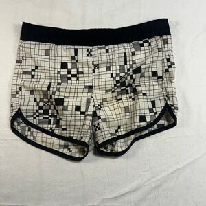 Retro Geometric Print Athletic Shorts Black White Elastic Waist M 32-34 Vtg